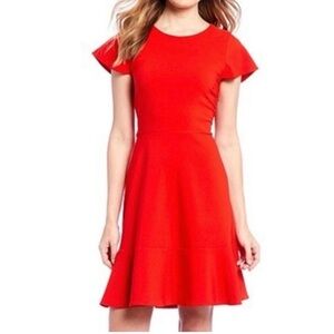 Gibson & Latimer Bold Red/Orange Midi Dress Flutter Sleeve Open Back Wedding Sz8